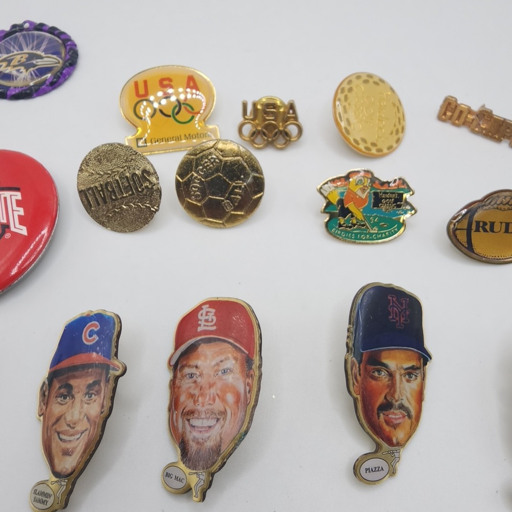 Vintage Sports Theme Pinback Button Lapel Pin Lot Enamel Metal Olympics Baseball - Picture 15 of 16